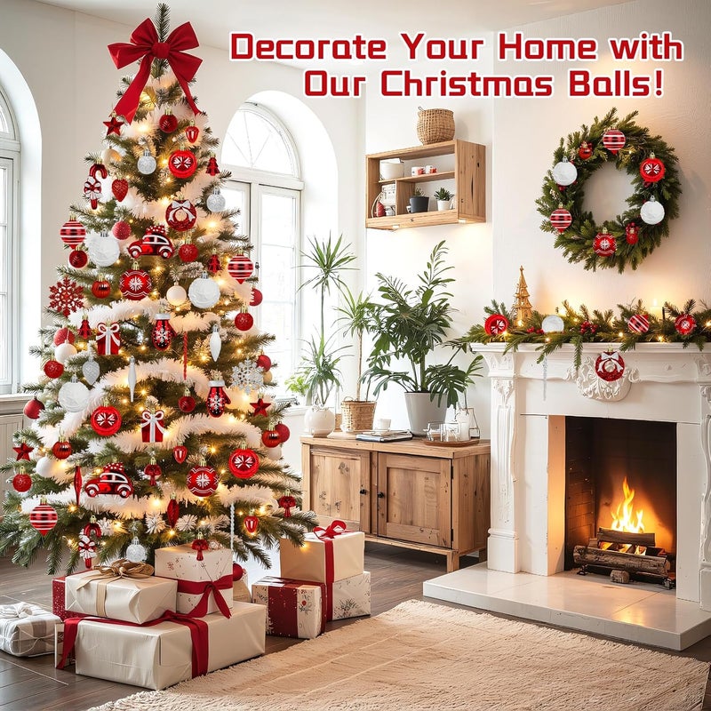 EverMerry 82PCS Christmas Ornaments, Ornaments with Hanging Strings for Christmas Tree Decorations, Hanging Xmas Decorations with Kraft Paper Box with Lid for Holiday, Party(Red&White) - Image 5